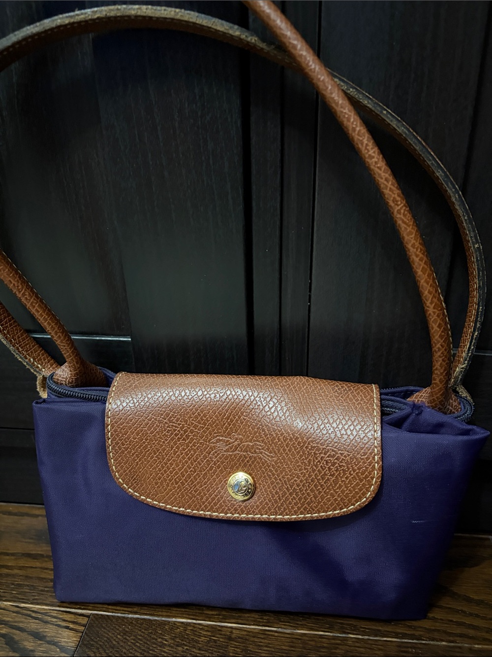 Longchamp Navy Nylon Tote with Brown Leather Trim - Picture 3 of 3